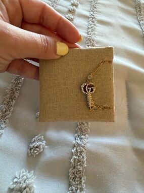 Gucci Gold-Tone Key Pendant Necklace with Clear Crystal Accents